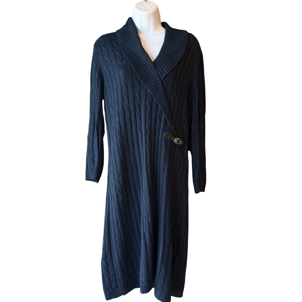 Calvin Klein Cable Knit Sweater Dress Navy Shawl Collar Midi Womens Size Large
